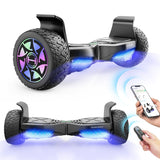 A black hoverboard with colorful LED lights on its wheels and undercarriage is shown, featuring a rugged tire design. A smartphone and remote control are nearby, indicating connectivity and control options.
