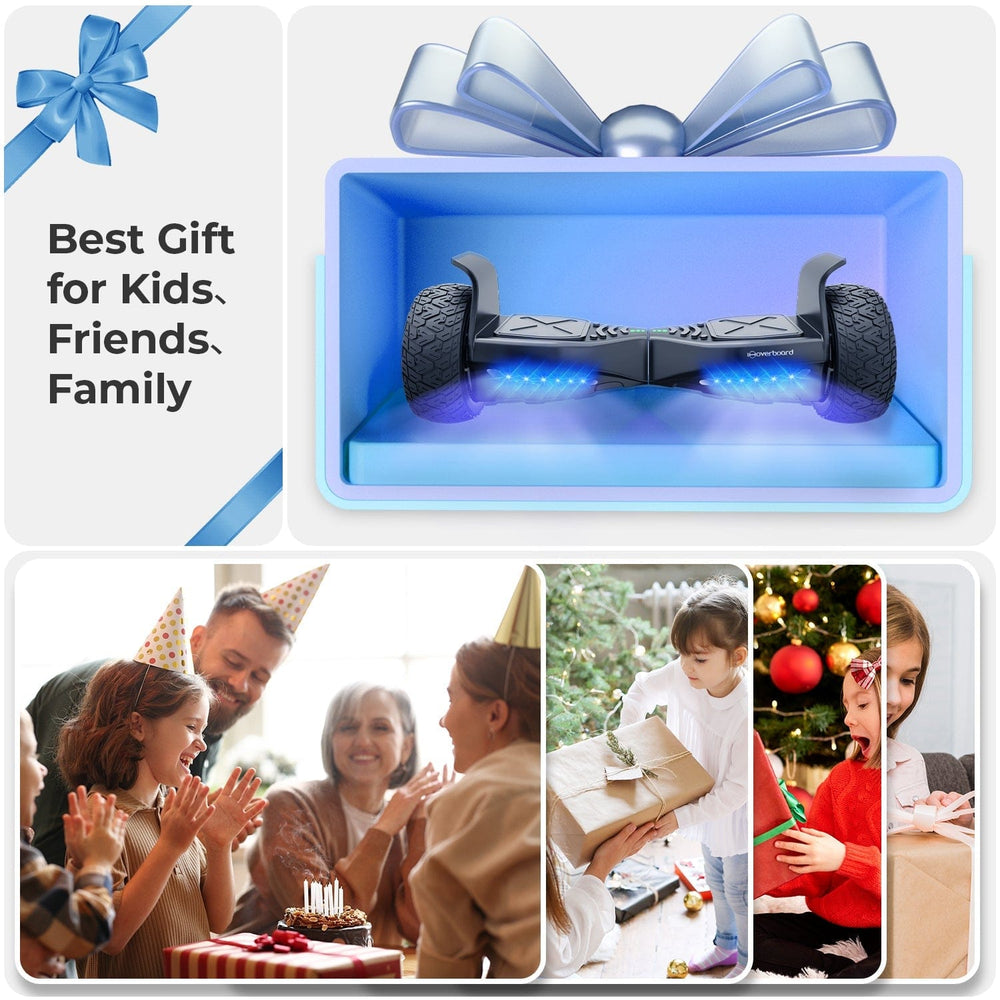 A collage features a hoverboard H8pro with glowing blue lights in a gift box adorned with a silver bow, labeled as the "Best Gift for Kids, Friends, Family." Below, joyful scenes show people celebrating, including a family with party hats around a birthday cake, a child handing a gift to another, and a girl excitedly opening presents by a Christmas tree.