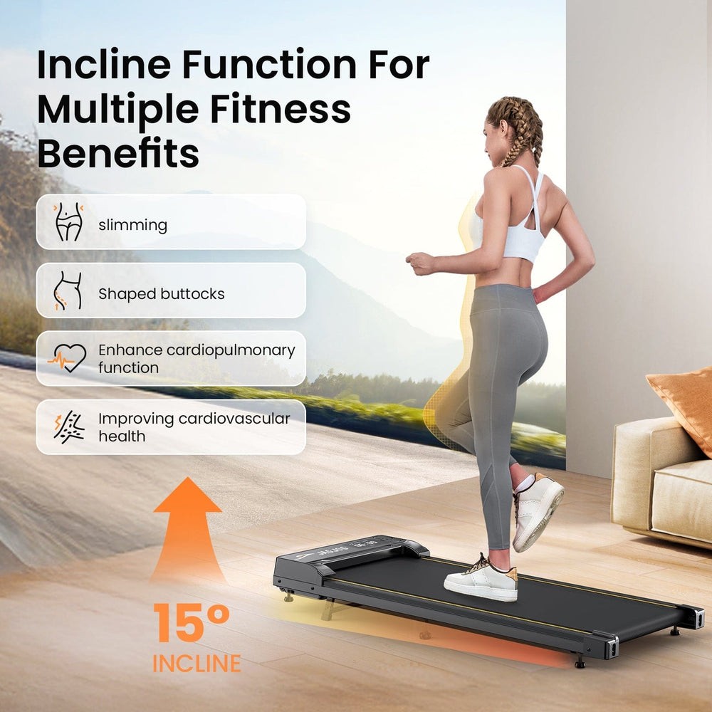 A woman exercises on a treadmill JT31 with a 15-degree incline in a living room setting, wearing a white top and gray leggings. The image highlights fitness benefits like slimming, shaped buttocks, enhanced cardiopulmonary function, and improved cardiovascular health.