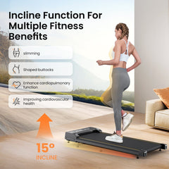A woman exercises on a treadmill JT31 with a 15-degree incline in a living room setting, wearing a white top and gray leggings. The image highlights fitness benefits like slimming, shaped buttocks, enhanced cardiopulmonary function, and improved cardiovascular health.