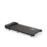 A sleek black treadmill JT31 with a minimalist design, featuring a compact running surface and subtle yellow accents, set on a white background.