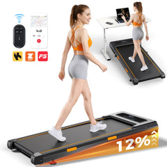 A woman in athletic wear walks on a sleek treadmill with an adjustable incline of 12%, featuring a digital display. Nearby, a setup shows the treadmill under a desk, highlighting its compatibility with fitness apps and remote control.