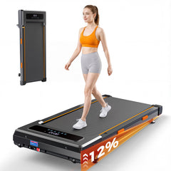A woman in an orange sports bra and gray shorts walks on a sleek, modern treadmill with a digital display. The treadmill is showcased at a 12% incline, and a folded version is shown in the background, highlighting its compact design.