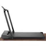 A sleek black treadmill JT51 with a minimalist design, featuring a simple control panel and a sturdy handlebar, is set on a brown mat against a white background.