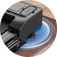 A close-up of a black JT51 treadmill's corner, featuring its sleek control buttons and sturdy support leg on a wooden floor, with a blue circular light effect emanating from underneath.