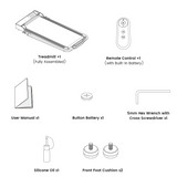 A close-up of a black JT51 treadmill's base showing an adjustable foot positioned on a wooden floor, with a blue glowing circle indicating stability or leveling.