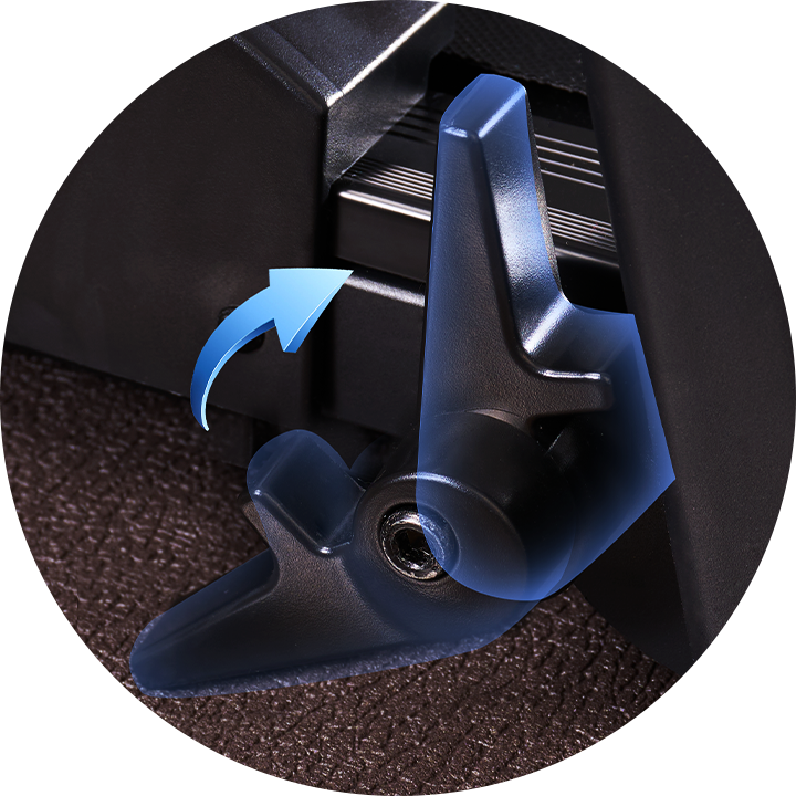 A close-up of a JT51 black lever with a blue arrow indicating its movement direction, set against a textured brown surface.