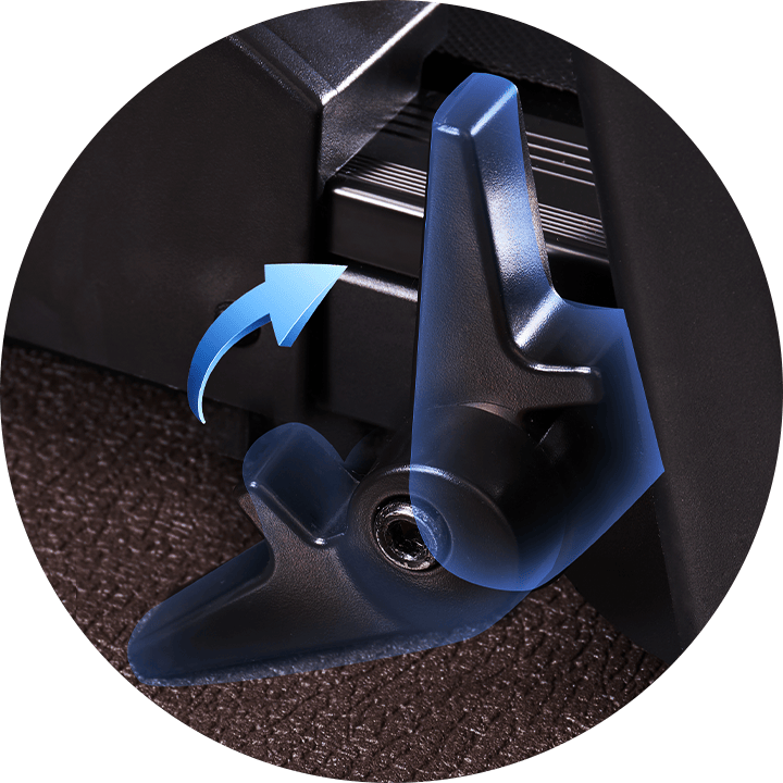 A close-up of a JT51 black lever with a blue arrow indicating its movement direction, set against a textured brown surface.