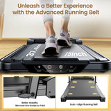 A person wearing gray sneakers is walking on a sleek treadmill JT51 with a black running belt, featuring clear measurements of 37.4 inches and 15 inches; the control panel displays options for speed and start/stop functions.