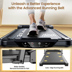 A person wearing gray sneakers is walking on a sleek treadmill JT51 with a black running belt, featuring clear measurements of 37.4 inches and 15 inches; the control panel displays options for speed and start/stop functions.