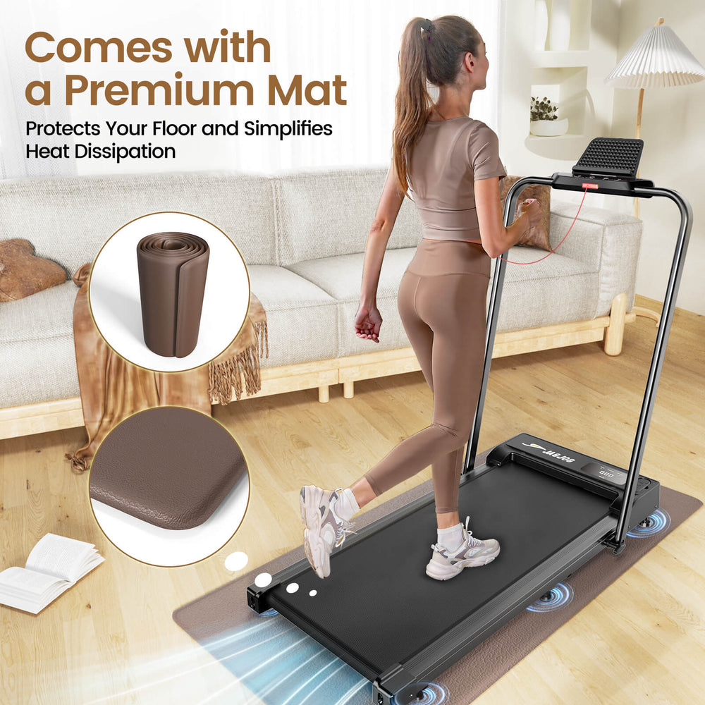 A woman exercises on a treadmill JT51 in a cozy living room, wearing a brown workout outfit and sneakers. The treadmill is placed on a brown mat, which is highlighted in an inset image showing its texture and rolled form. A beige sofa and a book on the wooden floor add to the warm ambiance.