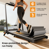 A woman runs on a treadmill JT52 with a knee-protective design, featuring 8 rubber shock-absorbing pads and a 5-layer non-slip running belt, in a bright indoor setting.