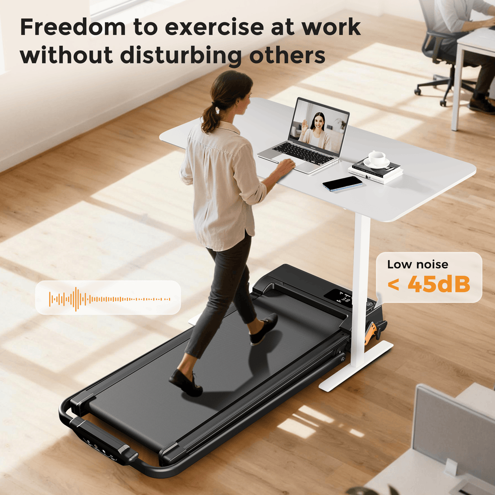 A woman runs on a sleek treadmill JT52 in a bright living room, using a smart app system displayed on a tablet. Various fitness app icons and workout plans are projected in the background, highlighting technology-enhanced home fitness.