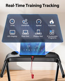 A JT61 treadmill display showcasing real-time training tracking features like time, distance, speed, and calories. It highlights an LED display, slots for an iPad and phone, and 12 automatic programs. The treadmill has a sleek black design with a red safety clip hanging from the console.