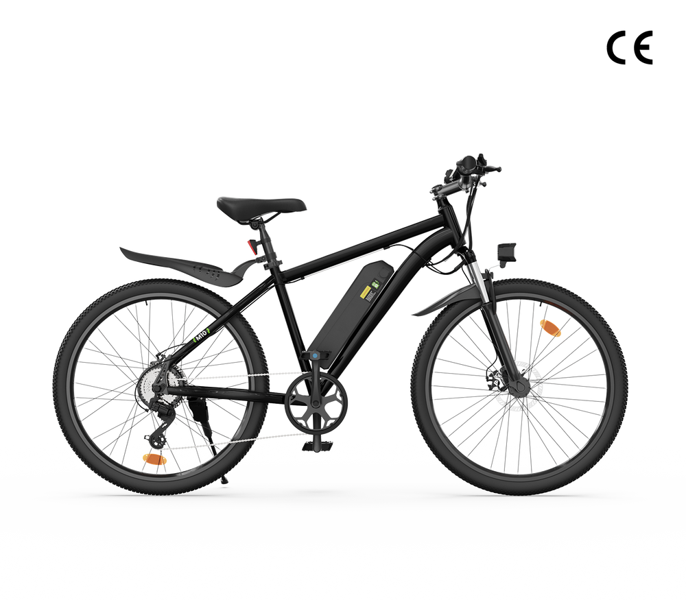 A sleek black electric bike M10 with a sturdy frame, featuring a central battery pack, disc brakes, and large wheels with reflective strips, set against a plain white background.