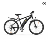 A sleek black electric bike M10 with a sturdy frame, featuring a central battery pack, disc brakes, and large wheels with reflective strips, set against a plain white background.