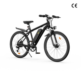 A sleek black electric bicycle M10 featuring a sturdy frame, a mounted battery on the downtube, and disc brakes on both wheels, is displayed against a plain white background.