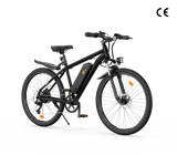 A sleek black electric bicycle M10 featuring a sturdy frame, a mounted battery on the downtube, and disc brakes on both wheels, is displayed against a plain white background.