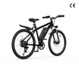 A sleek black electric bicycle M10 with a sturdy frame is shown, featuring a prominent battery mounted on the lower bar. The bike has front and rear fenders, a comfortable saddle, and large wheels with reflective strips.