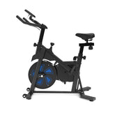 A sleek black exercise bike with blue accents on the flywheel, featuring an adjustable seat and handlebars, is set against a plain white background.