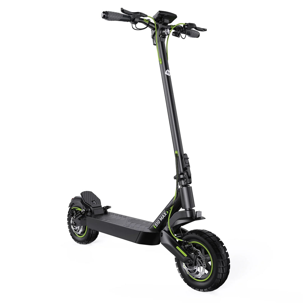 A sleek black electric scooter S10max with green accents, featuring a sturdy frame and rugged tires, stands against a white background.