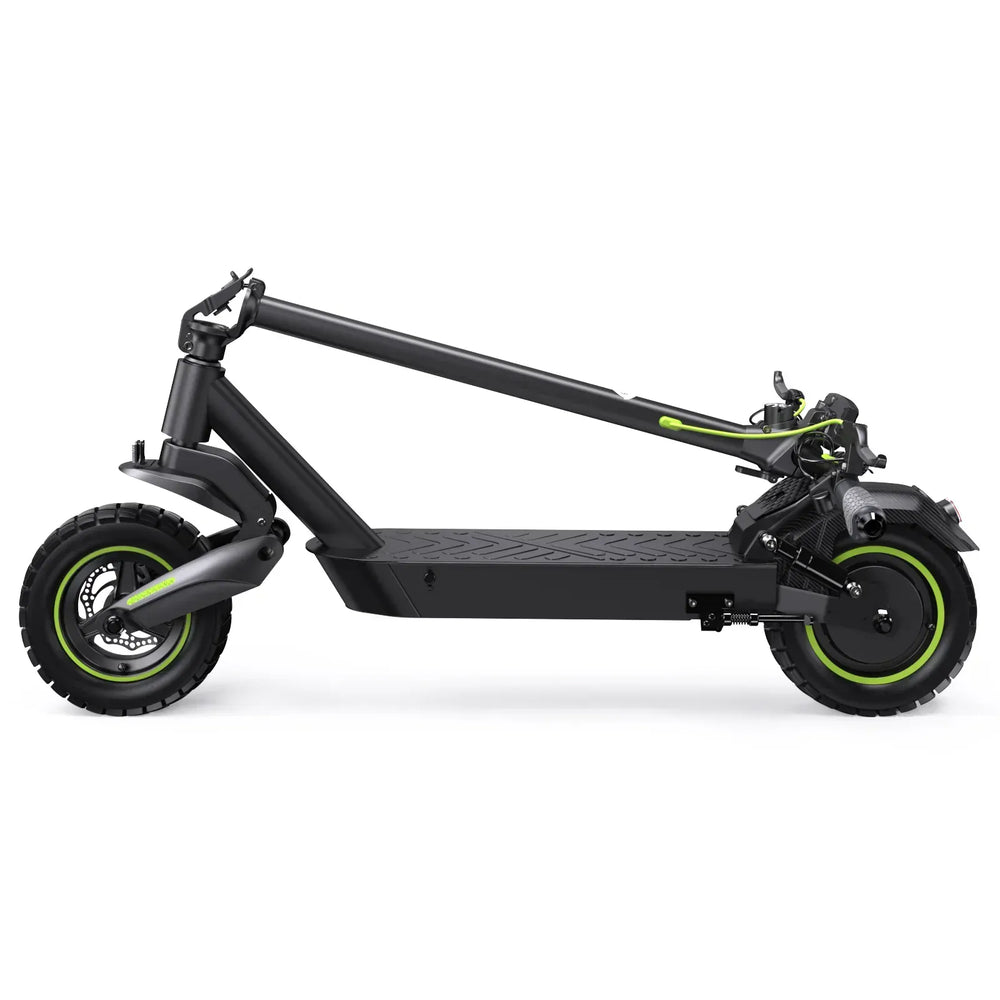 A sleek black electric scooter s10max is folded, showcasing its compact design. It features thick tires with green rims, a textured deck, and visible mechanical components, highlighting its modern engineering.