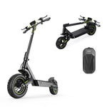 A sleek black electric scooter S10max with green accents is shown in two positions: upright and folded. The scooter features thick tires and ergonomic handlebars. Nearby, a black storage bag is displayed.
