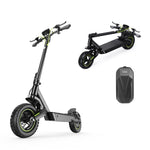 A sleek black electric scooter S10max with green accents is shown in two positions: upright and folded. The scooter features thick tires and ergonomic handlebars. Nearby, a black storage bag is displayed.