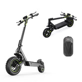 A sleek black electric scooter S10max with green accents is shown in two positions: upright and folded. The scooter features thick tires and ergonomic handlebars. Nearby, a black storage bag is displayed.