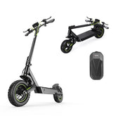 A sleek black electric scooter S10max with green accents is shown in two positions: upright and folded. The scooter features thick tires and ergonomic handlebars. Nearby, a black storage bag is displayed.