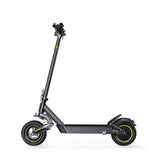 A side sleek black electric scooter S10max with green-accented wheels, featuring a sturdy frame and a tall handlebar, is shown against a plain white background.