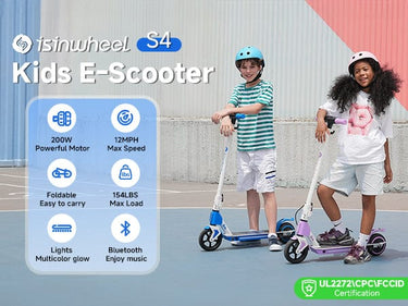 The iSinwheel S4 kids' electric scooter is a fun-packed, safe, and feature-rich ride for children. Equipped with a 200W powerful motor, it reaches a max speed of 12 MPH, perfect for zipping around parks or neighbourhoods. It’s foldable for easy portability, so kids can take it on adventures or store it hassle-free. With a max load of 154 lbs, it accommodates growing kids. Plus, enjoy multicolour glow lights for visibility and style and Bluetooth connectivity to play music while riding.