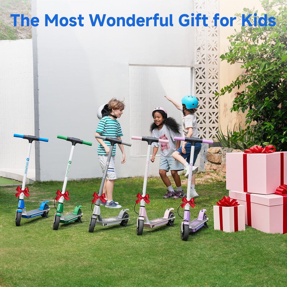 Blue S4 foldable kids electric scooter shown for home storage