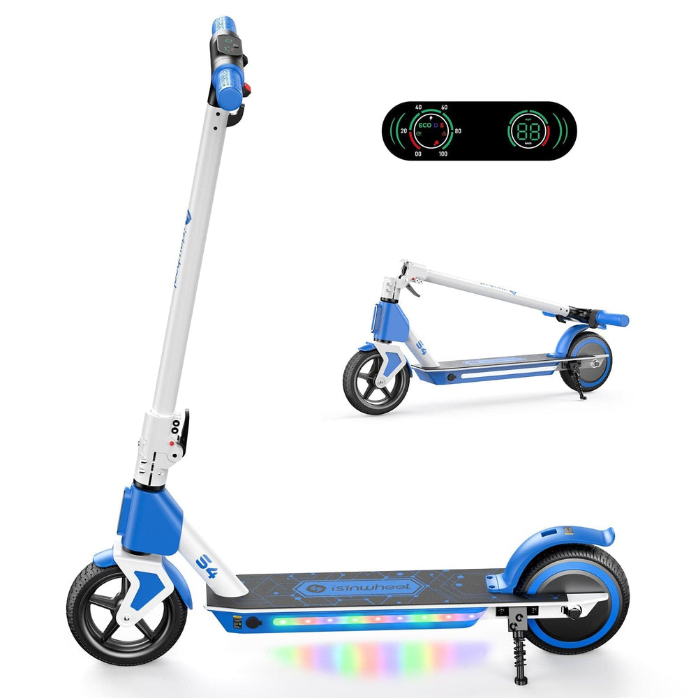A sleek electric scooter S4 in white and blue features a digital display and colorful LED lights along the deck. The scooter is shown both upright and folded, highlighting its compact design and modern aesthetics.