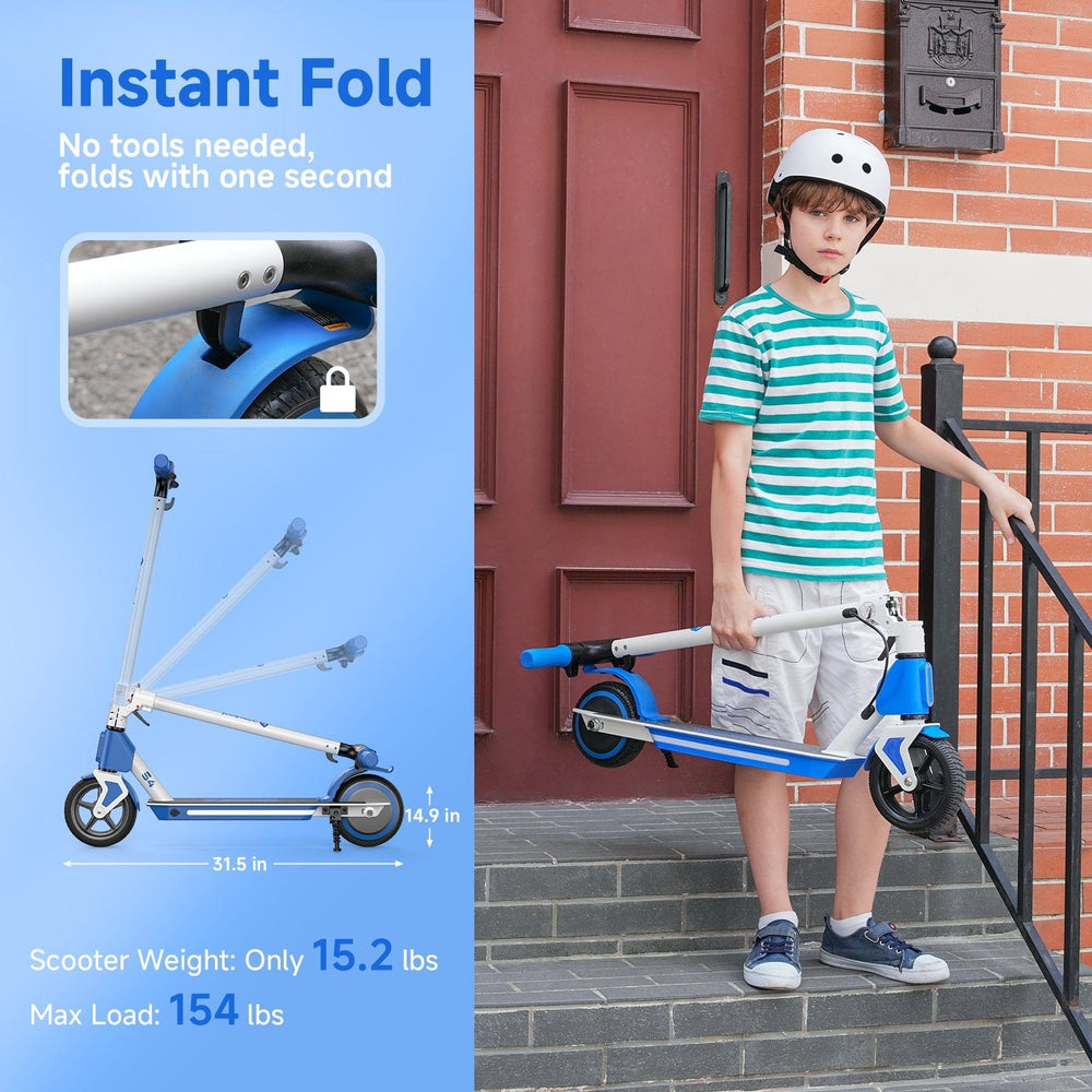 A young boy wearing a helmet stands on steps holding a folded blue and white scooter S4, illustrating its portability. The adjacent graphic highlights features like instant folding, no tools needed, and specifications: 15.2 lbs weight and 154 lbs max load.