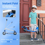 A young boy wearing a helmet stands on steps holding a folded blue and white scooter S4, illustrating its portability. The adjacent graphic highlights features like instant folding, no tools needed, and specifications: 15.2 lbs weight and 154 lbs max load.