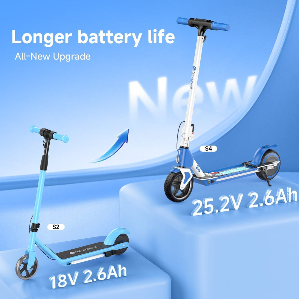 Two electric scooters S4 are displayed on blue platforms, highlighting a battery upgrade. The smaller S2 model has an 18V 2.6Ah battery, while the larger S4 model boasts a 25.2V 2.6Ah battery, emphasizing longer battery life with a sleek blue and white design.