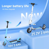 Two electric scooters S4 are displayed on blue platforms, highlighting a battery upgrade. The smaller S2 model has an 18V 2.6Ah battery, while the larger S4 model boasts a 25.2V 2.6Ah battery, emphasizing longer battery life with a sleek blue and white design.