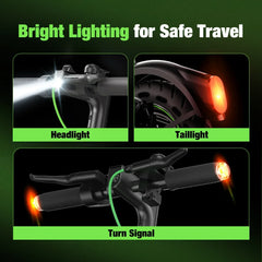 The image showcases a bicycle's lighting system with three components: a bright headlight on the handlebars, a glowing taillight on the rear fender, and an illuminated turn signal on the handlebar grip, all designed for safe travel.