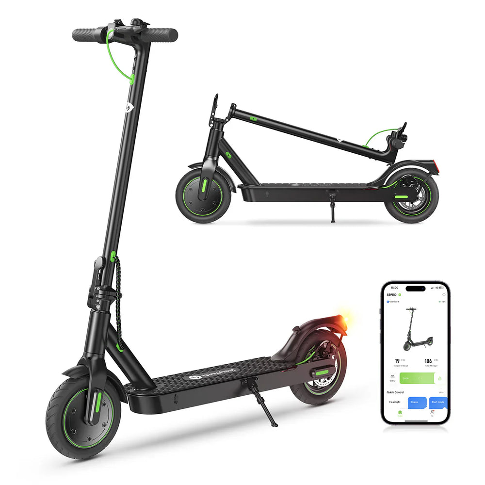 Black electric scooter with green accents and a smartphone app interface on a white background