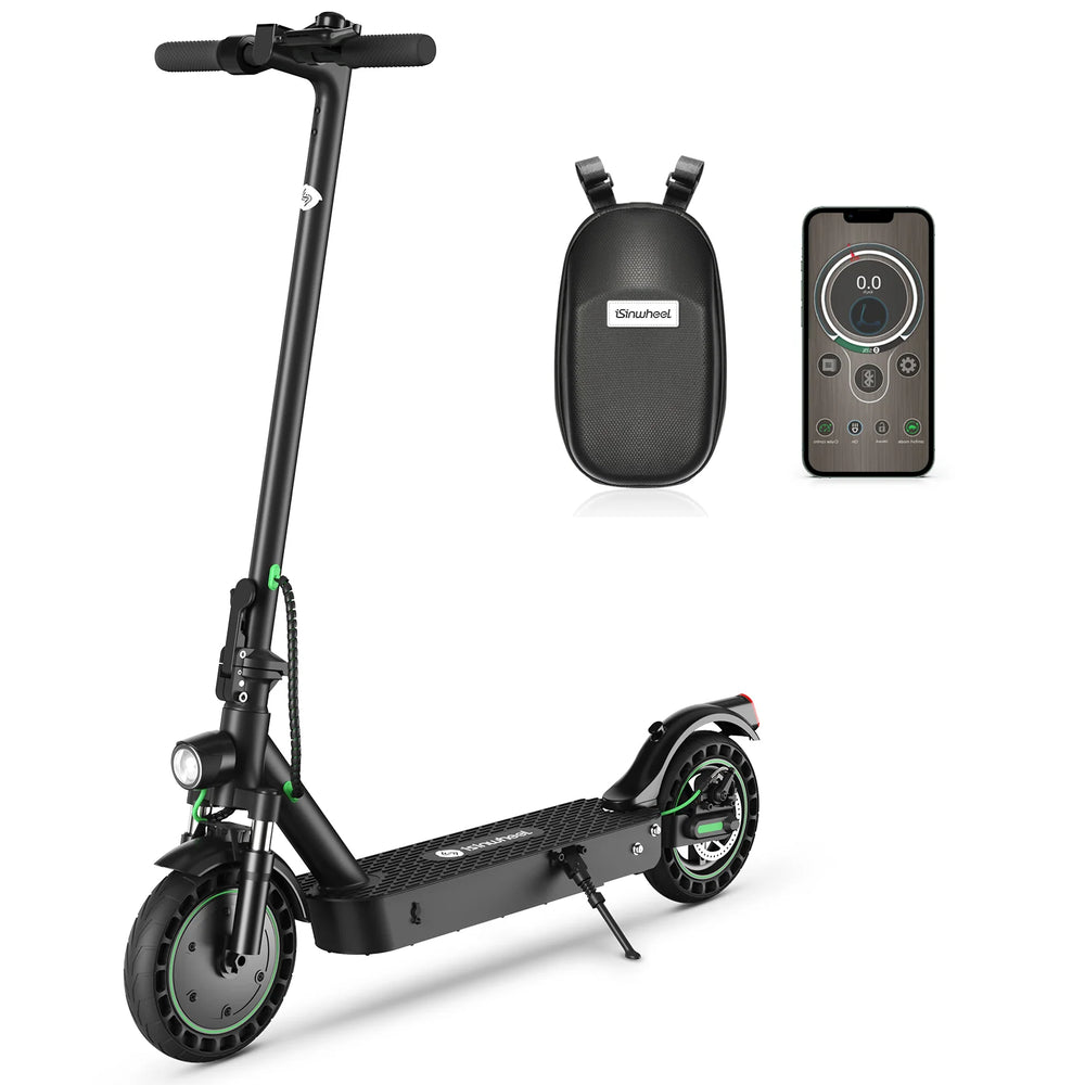 Black electric scooter with remote control and case on a white background