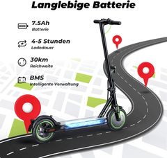 A black electric scooter S9pro with green accents is shown on a winding road graphic, highlighting its features: a 7.5Ah battery, 4-5 hours charging time, 30km range, and intelligent battery management system (BMS). Red map pins are placed along the road, and text details the battery's durability.
