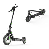 A sleek black electric scooter S9pro with green accents is shown in two positions: one standing upright and the other folded. The scooter features large wheels and a sturdy deck, highlighting its modern design.