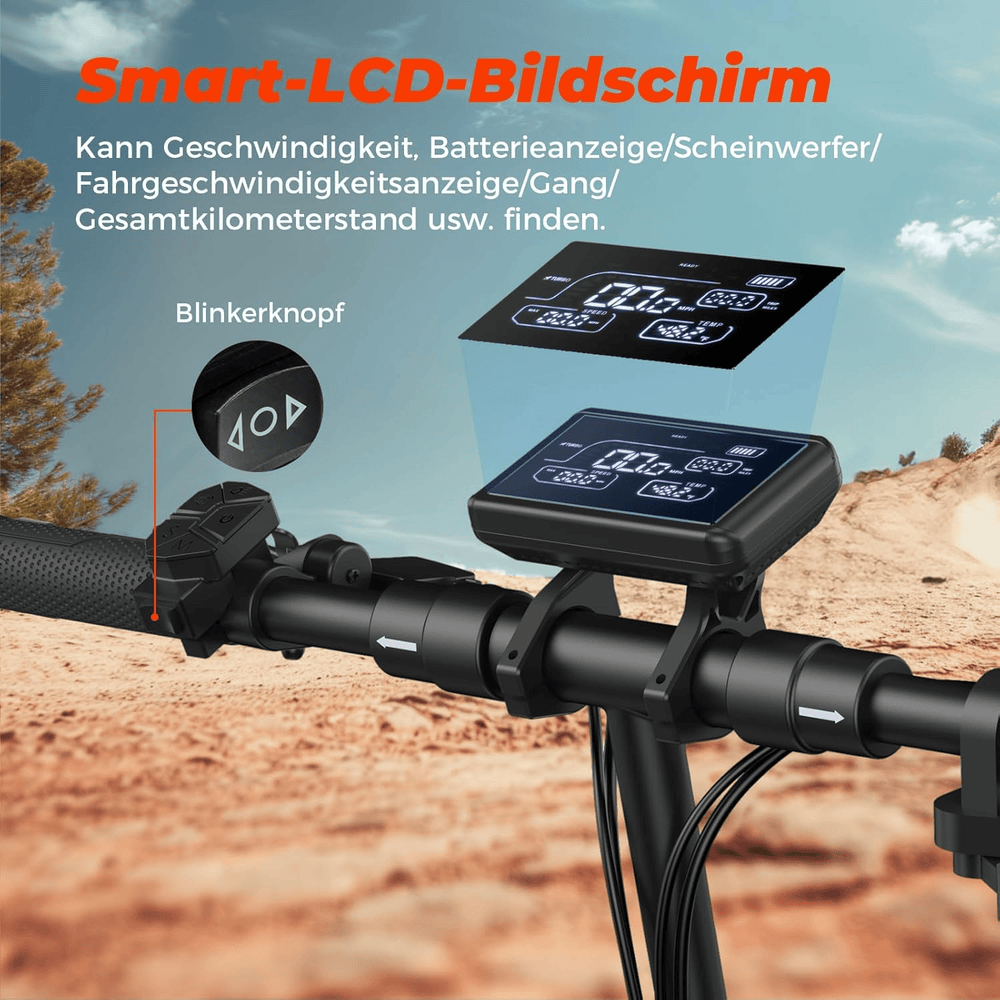 A smart LCD screen is mounted on a bicycle T4 handlebar, displaying speed, battery level, headlights, gear, and total distance. The handlebar also features a turn signal button, set against a desert landscape backdrop.