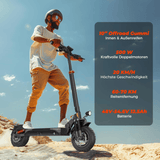 A person wearing a helmet rides an electric scooter on rocky terrain. Text beside lists scooter features: 10” offroad tires, 500W dual motors, 20 km/h speed, 60–70 km range, 48V–54.6V battery.