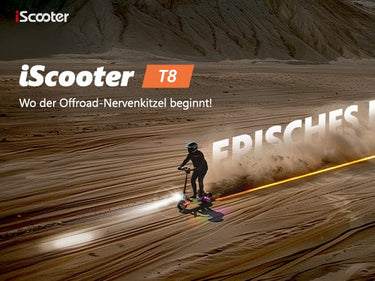 Feature overview of the T8 e-scooter showing off-road capabilities and legal compliance.
