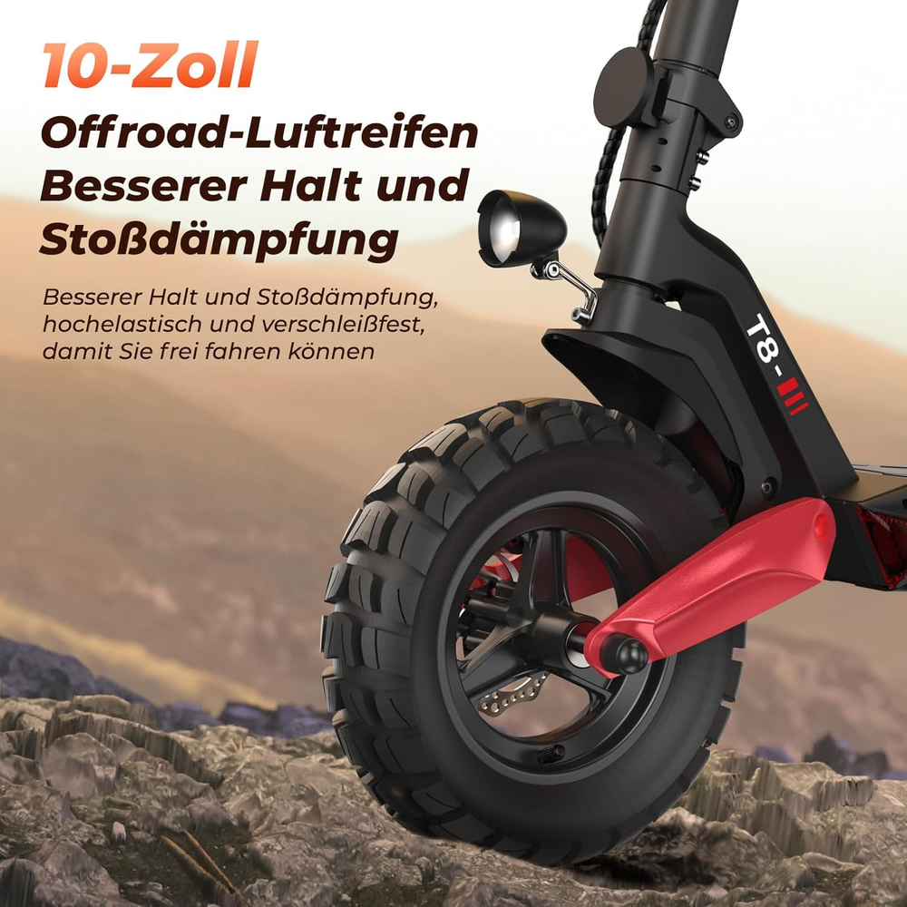 Close-up of a rugged off-road scooter tire labeled "T8" with a red suspension arm, set against a rocky landscape. Text in German highlights its 10-inch air tires for better grip and shock absorption.