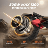 The image showcases a powerful 500W max 1200 brushless motor attached to a vehicle's rugged tire, set against a desert-like landscape. Performance specs include a 150 kg max load, 30° climbing ability, and a top speed of 20 km/h, highlighted in bold text.