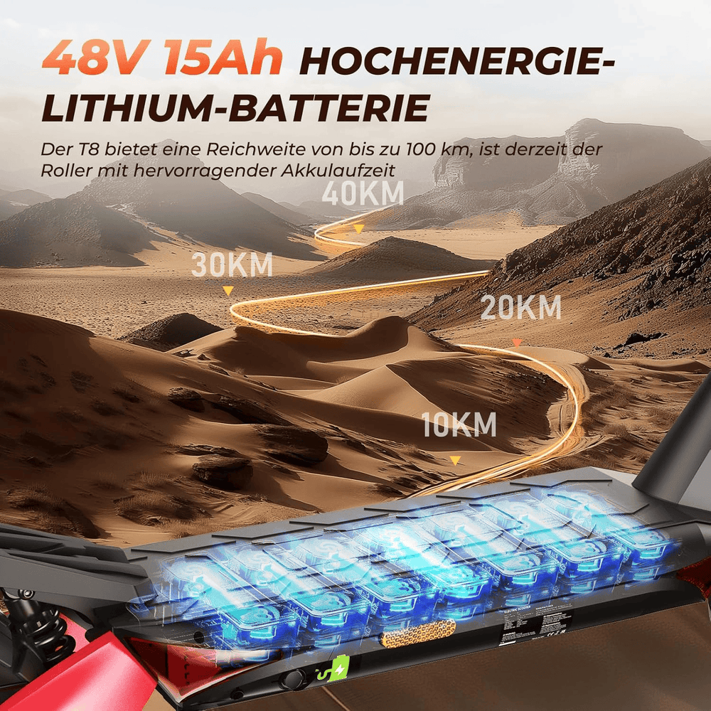 The image showcases a high-energy lithium battery for a scooter, labeled "48V 15Ah," set against a desert landscape with a winding path marked at intervals of 10, 20, 30, and 40 kilometers, emphasizing the battery's impressive range.