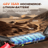 The image showcases a high-energy lithium battery for a scooter, labeled "48V 15Ah," set against a desert landscape with a winding path marked at intervals of 10, 20, 30, and 40 kilometers, emphasizing the battery's impressive range.